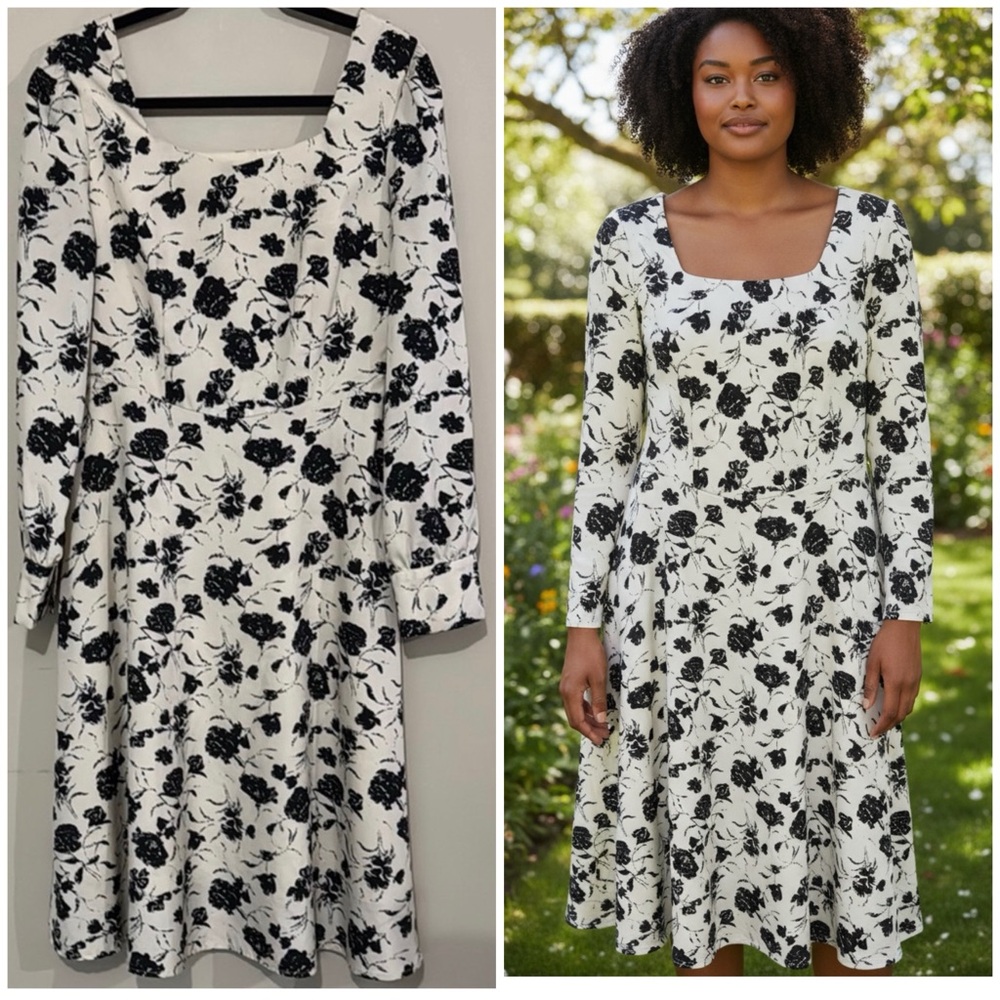 Dazy Elegant Black and Cream Floral Midi Dress Women's Size Large Cottagecore